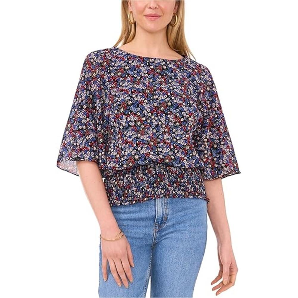 Sam & Jess Women's Smocked-Waist Top in Americana Floral Blue